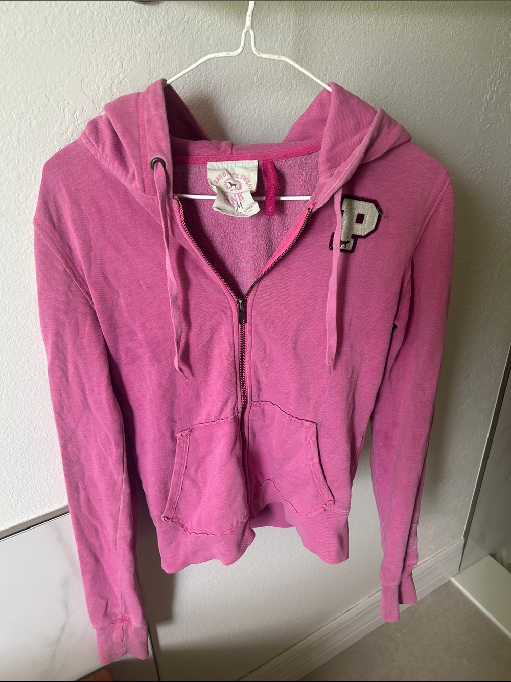 Vintage PINK Victoria's Secret Bright Pink Zip Hoodie with 'P' Patch